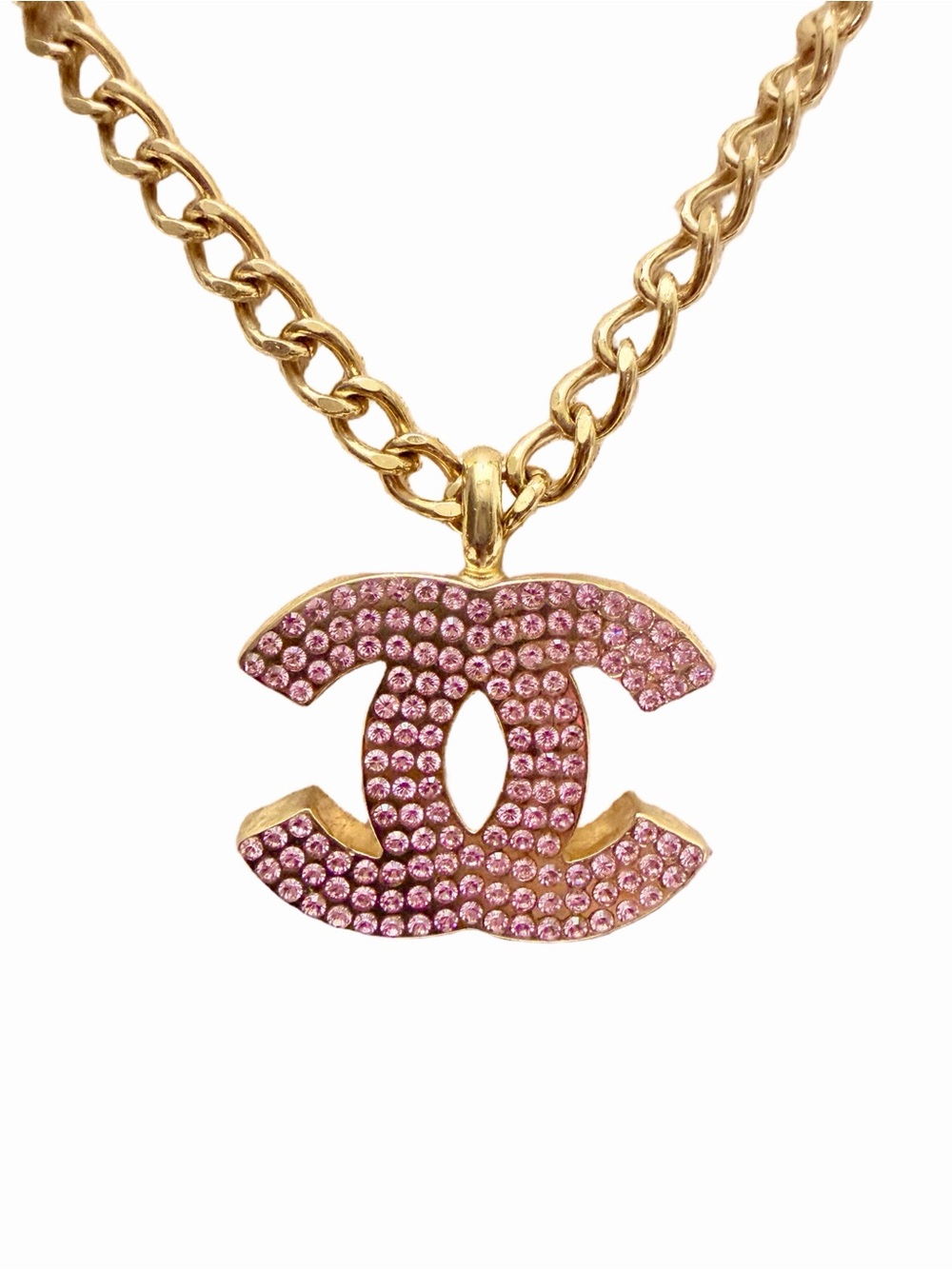 Chanel CC Logo Pink Crystal Gold Chain Necklace